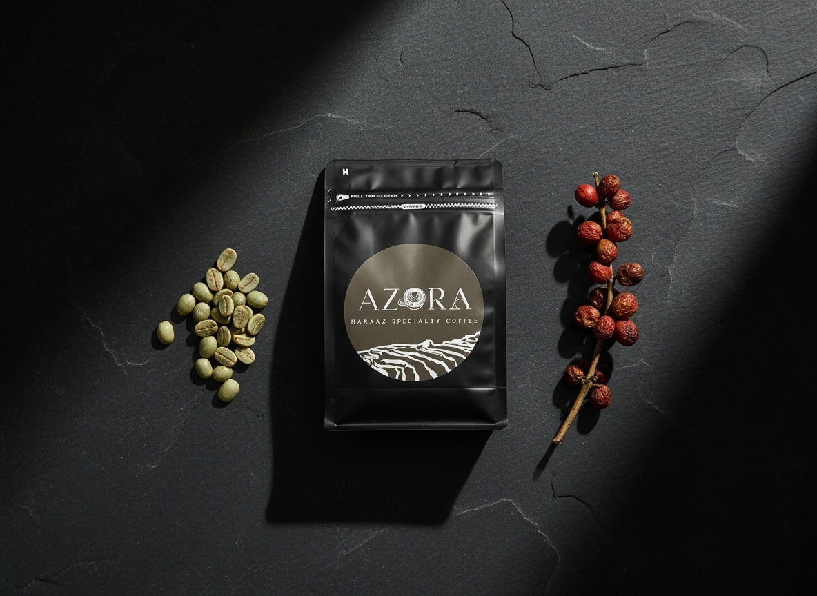 An Azora bag on dark slate between green coffee beans and dried coffee cherries